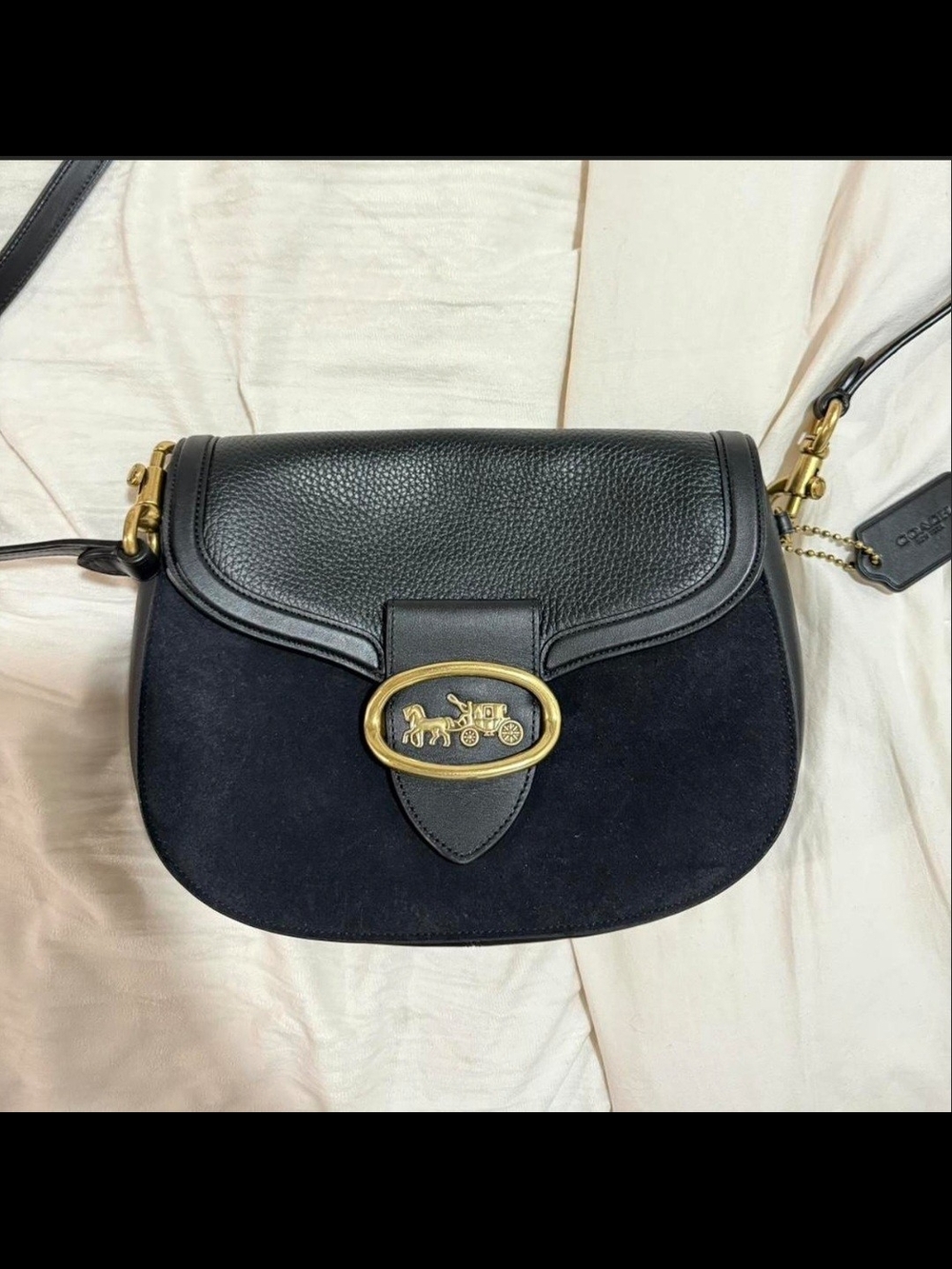 Coach Black Suede and Leather Saddle Crossbody with Gold Hardware